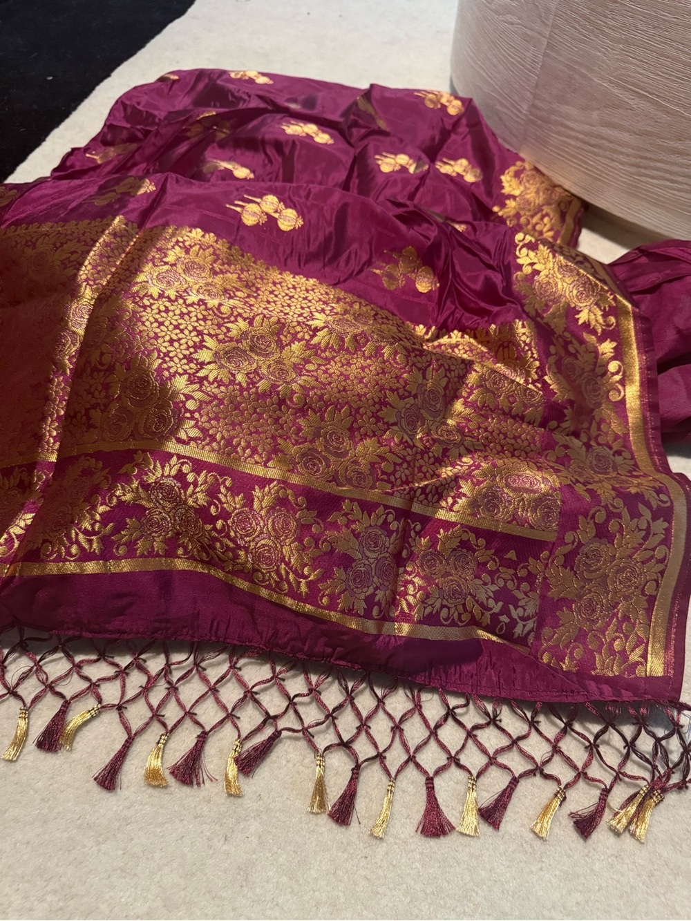 Rich Magenta and Gold Woven saree with Fringe